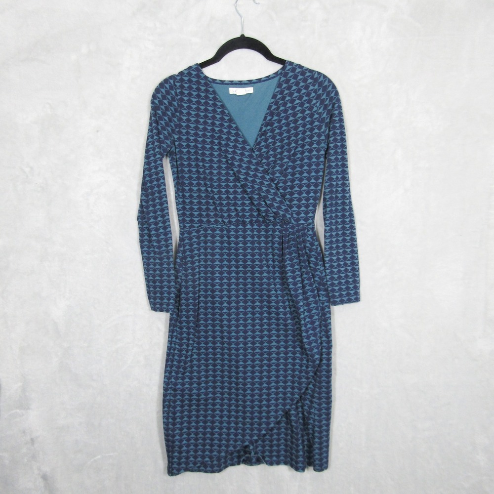 Mata Traders Geometric Print Faux Wrap Dress Blue XS Long Sleeve